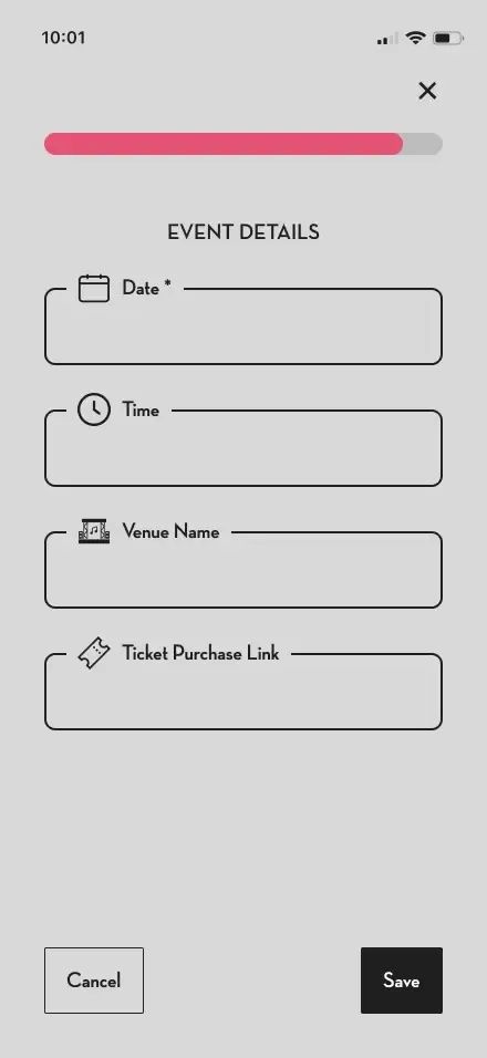 Artist event details input screen mockup