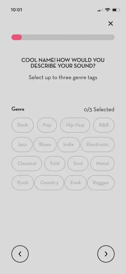 Artist genre selection screen mockup