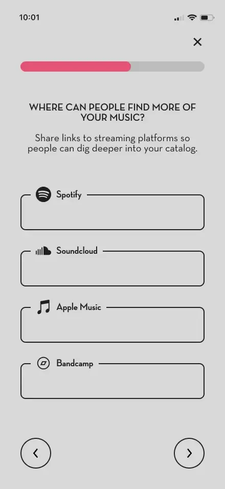 Artist streaming platforms link screen mockup