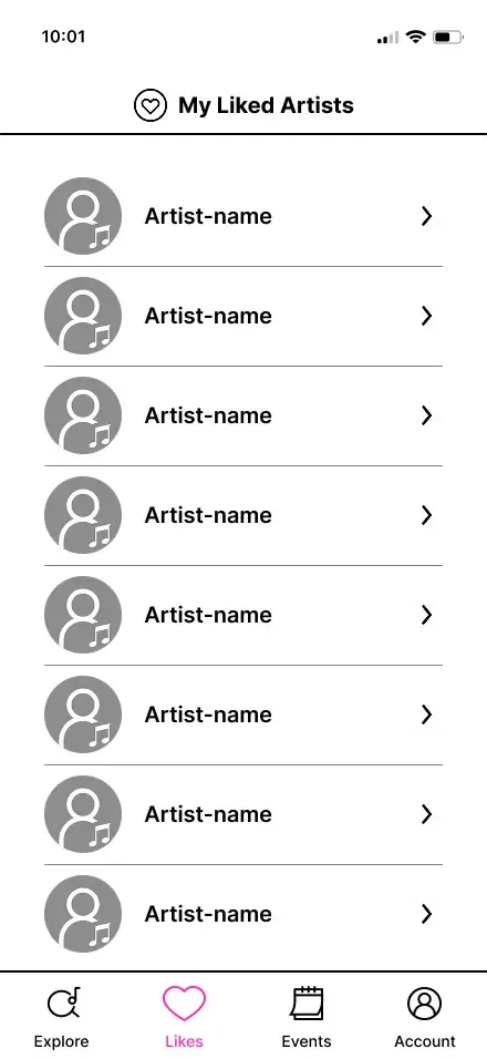 Liked artists page wireframe