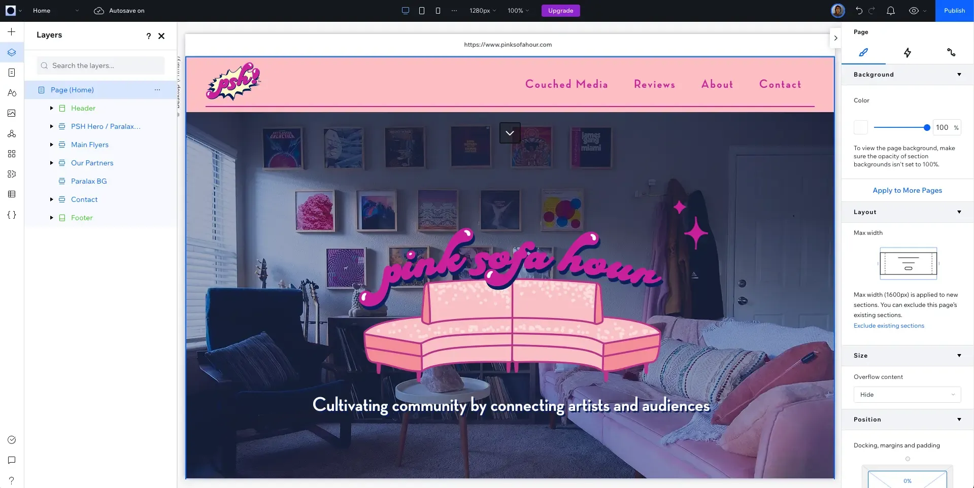 Wix Studio interface of Pink Sofa Hour